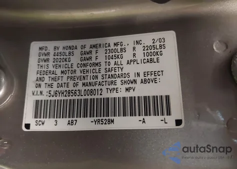 2003 Honda Element Ex from USA, damaged, VIN 5J6YH28563L008012
